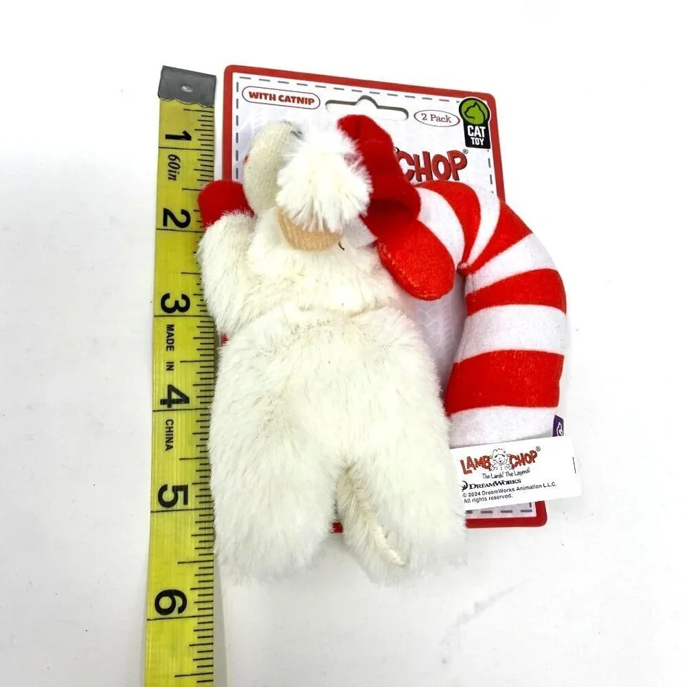 Multipet Lamb Chop Santa Hat Crinkle Candy Cane Catnip Plush Cat Toy 2pk